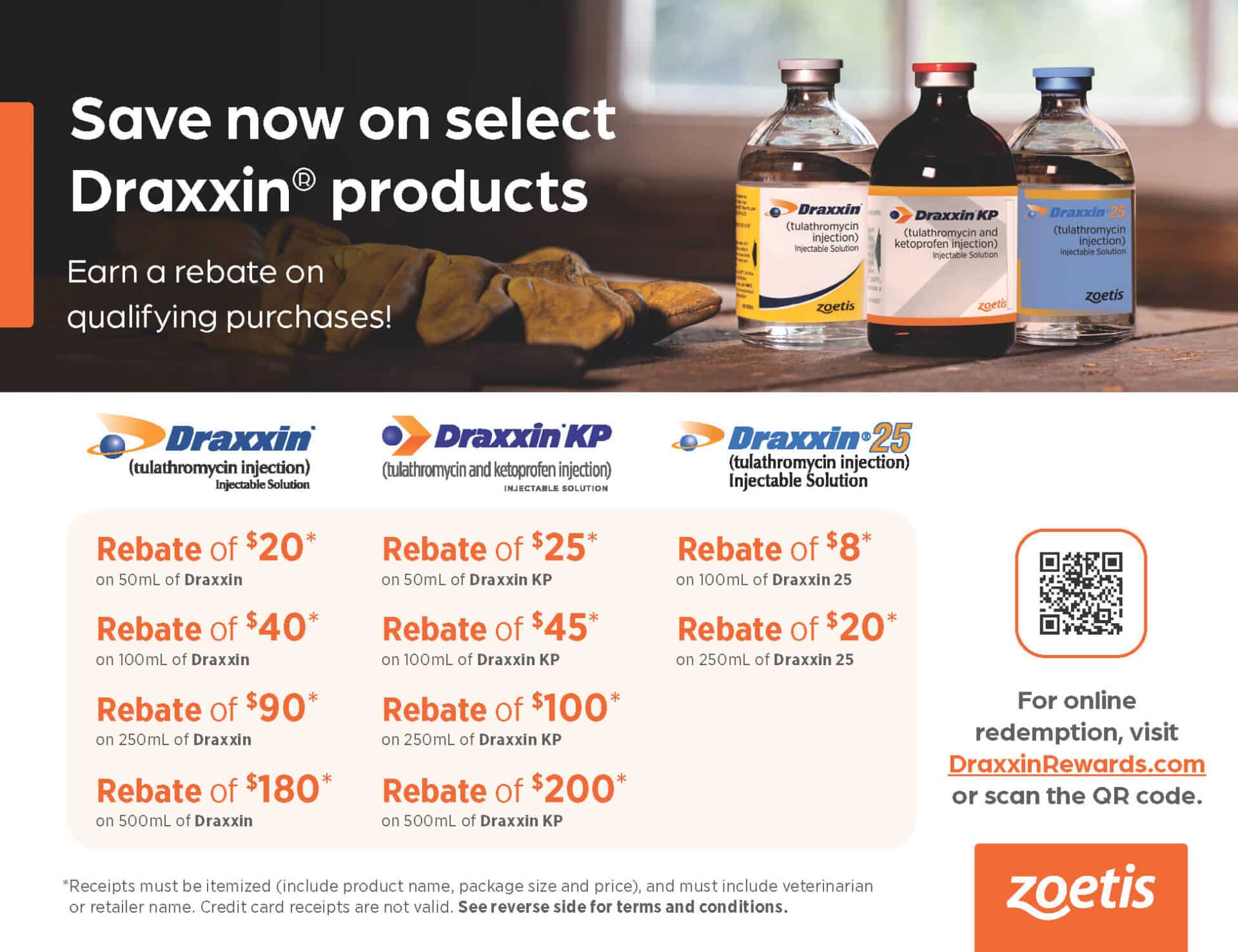 Three bottles of Draxxin products on a counter, promotional text above offering varying rebates on purchases, with rebate details and a QR code for online redemption.