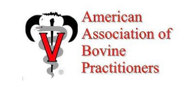 Logo of the American Association of Bovine Practitioners featuring a large red "V" with a snake wrapped around a rod, resembling the Rod of Asclepius.