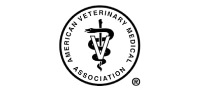 Logo of the American Veterinary Medical Association featuring a snake wrapped around a staff with the letter "V" and the organization’s name encircling it.