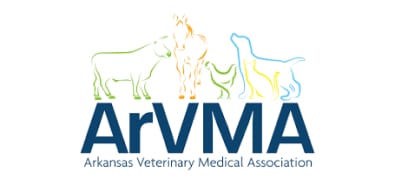 Logo of the Arkansas Veterinary Medical Association featuring outlines of a cow, horse, bird, cat, and dog above the text "ArVMA.