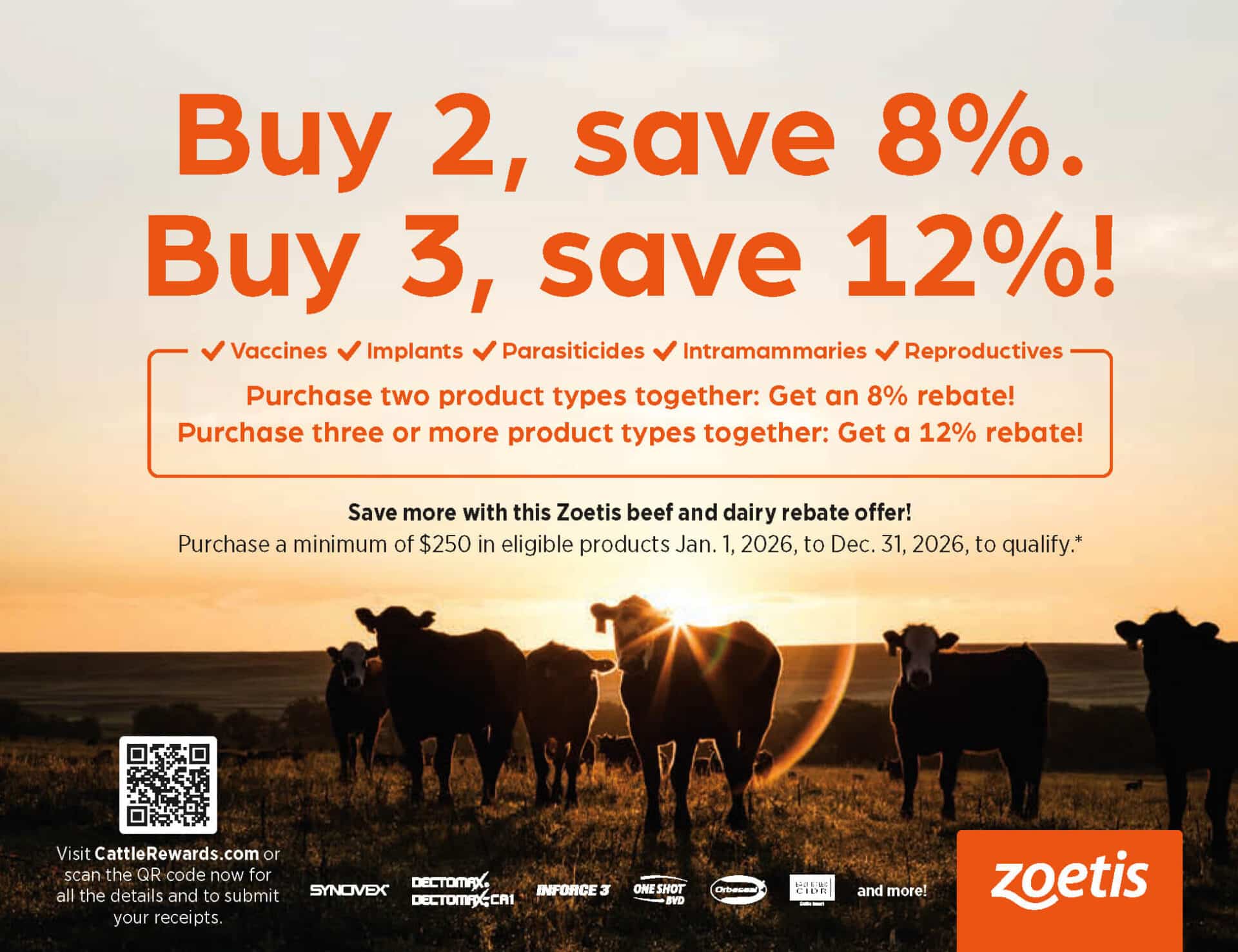 Silhouetted cattle stand in a field at sunset with promotional text offering rebates for Zoetis beef and dairy products.