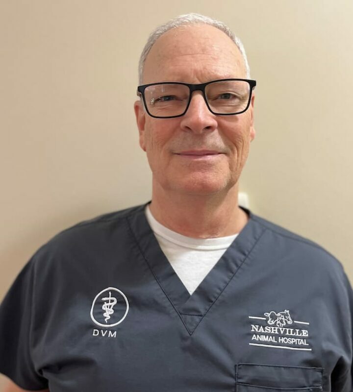 Person wearing glasses and a gray scrub top with a veterinary insignia and "Nashville Animal Hospital" logo, standing against a beige wall.