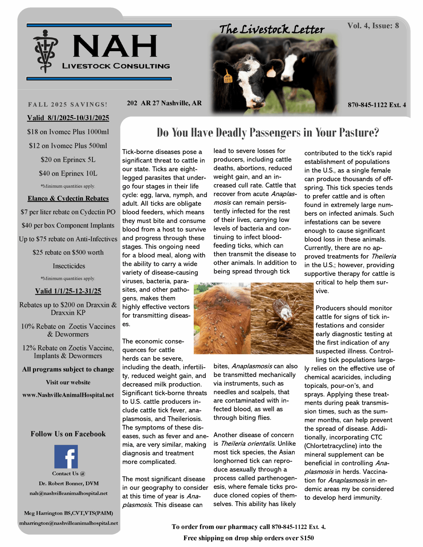 A livestock consulting newsletter features articles on tick-borne diseases in cattle, fall savings offers on products, and contact information for NAH Livestock Consulting.