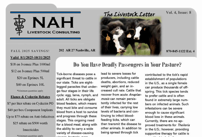 A newsletter page from NAH Livestock Consulting discusses tick-borne diseases in cattle, with a photo of cows and information on fall savings and treatments.