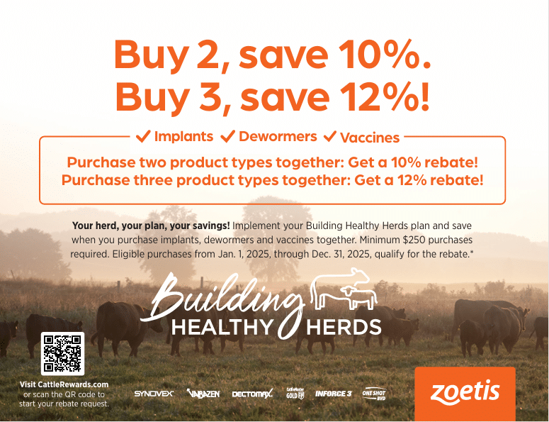 Promotional flyer for Zoetis's Building Healthy Herds program offering discounts and rebates on implants, dewormers, and vaccines for cattle, with a sunset pasture background and a QR code.