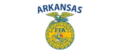 Arkansas FFA logo featuring a blue and yellow emblem with an eagle, plow, owl, and the words "Agricultural Education.